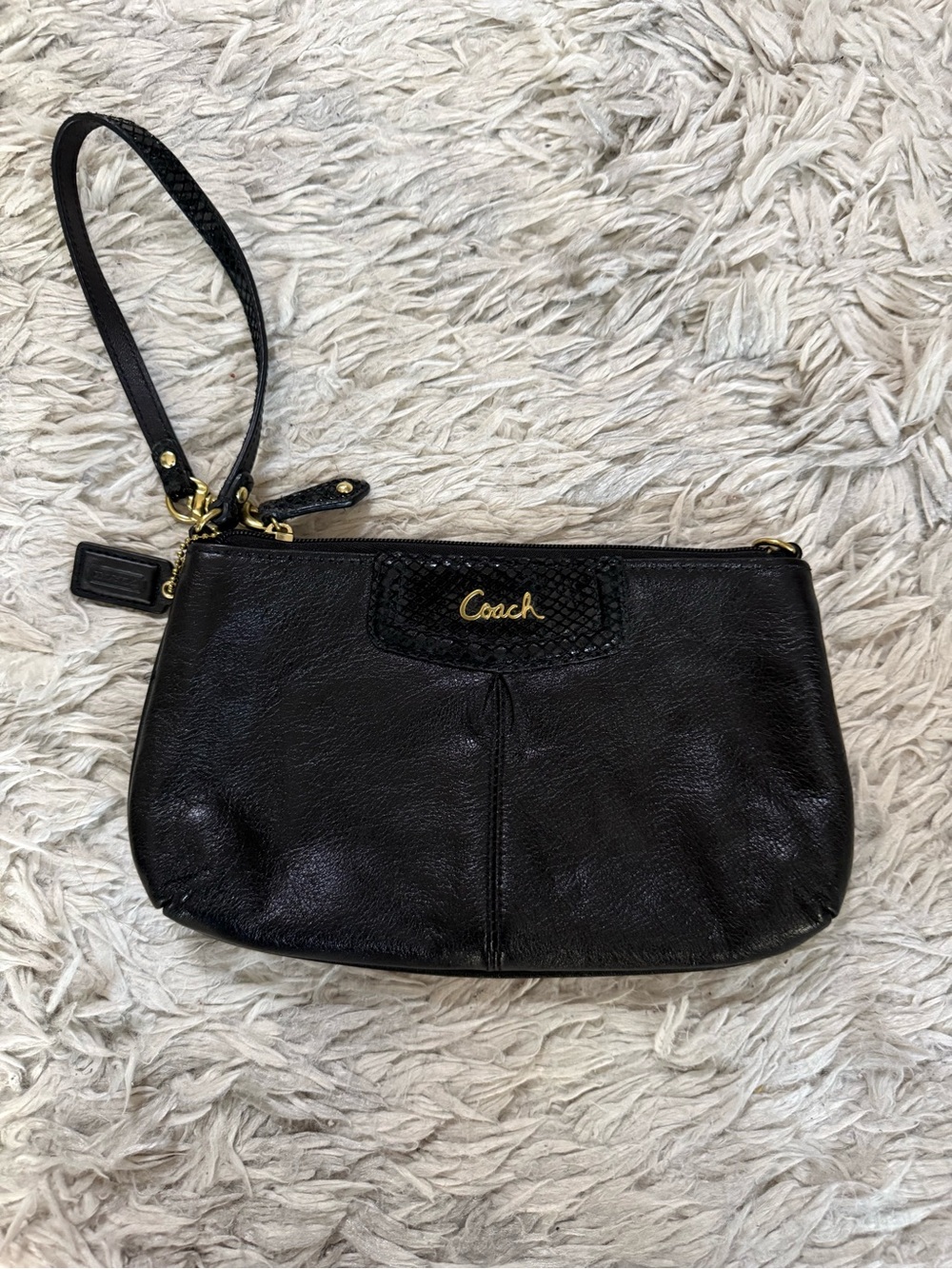 Coach Black Leather Wristlet Clutch with Gold Hardware